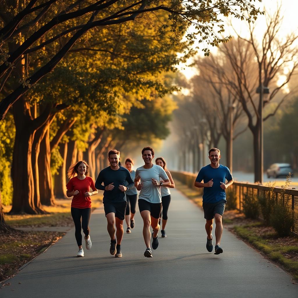 A small group running together on a tree-lined Berkeley path at golden hour