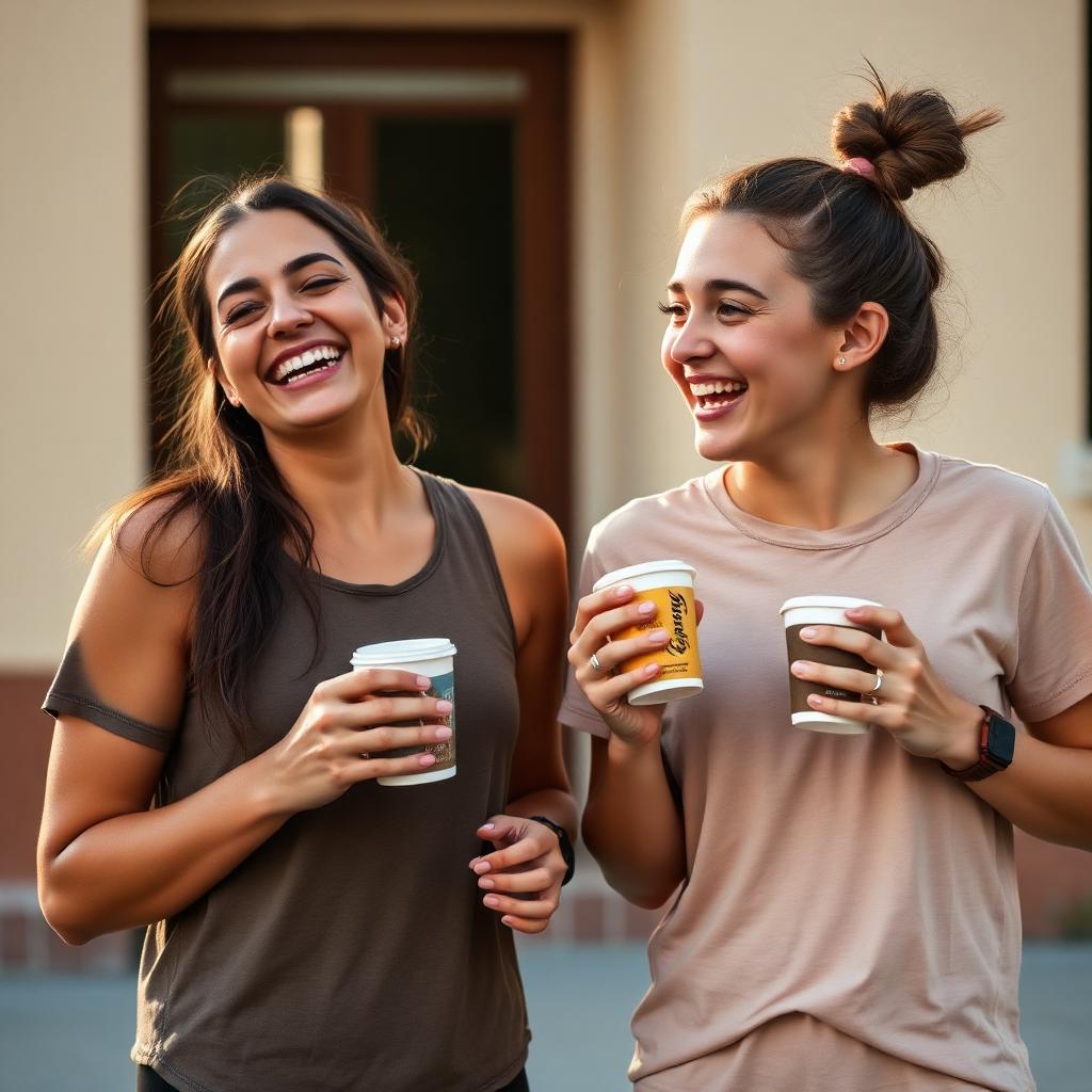 Two members laughing over coffee after a morning run