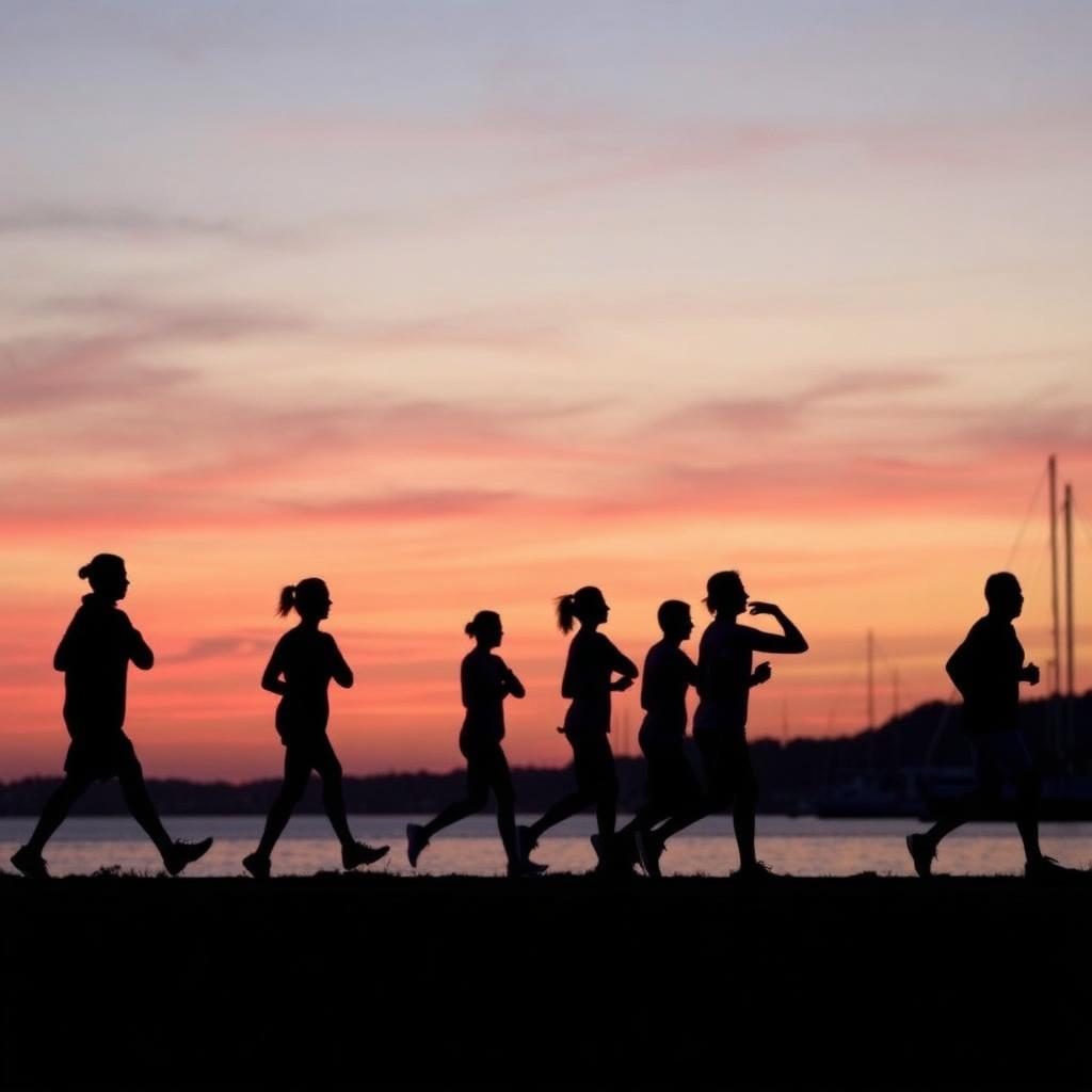 Runners silhouetted against a sunrise sky at the Berkeley Marina