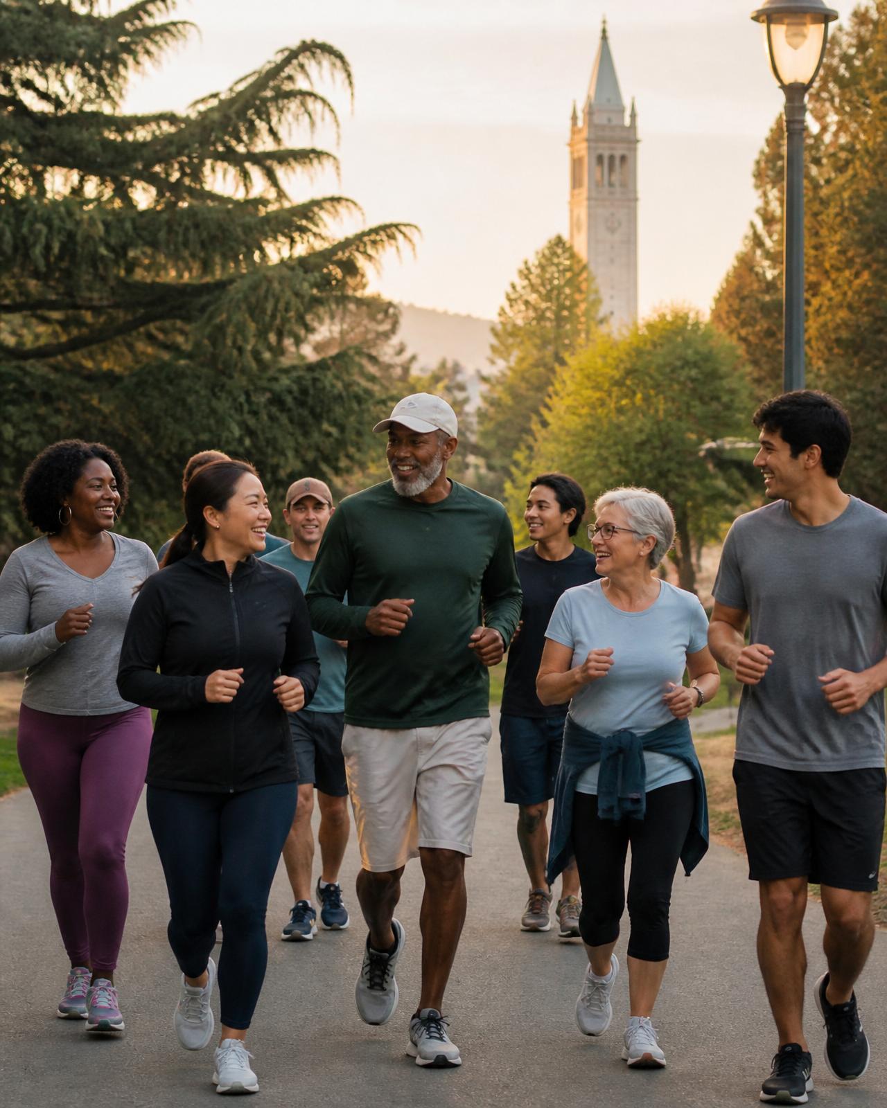 A diverse group of Berkeley neighbors of different ages and backgrounds jogging together at golden hour